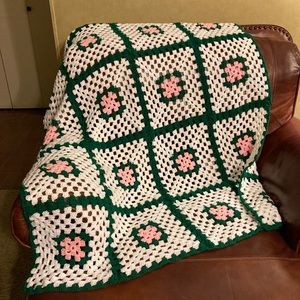 Hand made crochet afghan throw. 53” X  43”